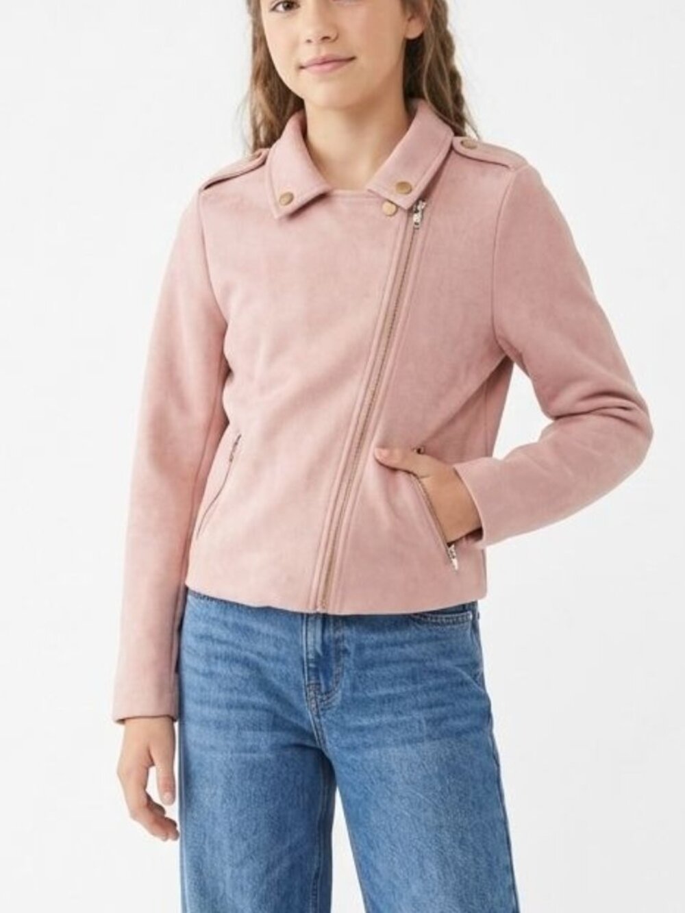 Forever 21 Girls Faux Suede Moto Jacket Dusty Pink Size 13/14 Asymmetric Zip